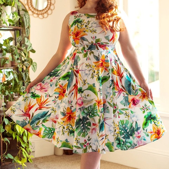 Unique Vintage 50s Tropical White & Orange Floral Cotton Swing Dress, Large, NWT - Picture 14 of 16
